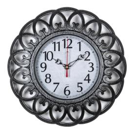 3016-005 (10) Часы настенные круглые d=30см, корпус черный с серебром завиток "Рубин"