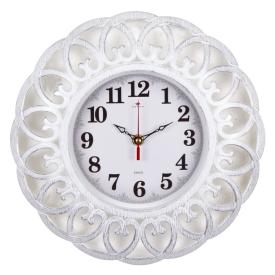 3016-008 (10) Часы настенные круглые d=30см, корпус белый с серебром завиток "Рубин"